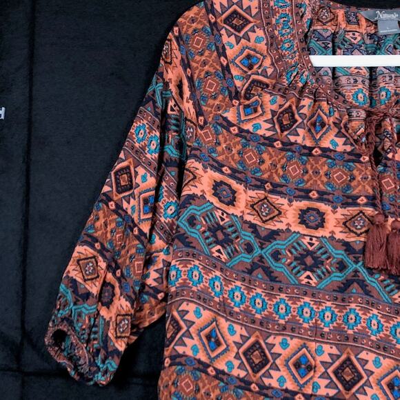 Natural Reflections Womens Blouse Multicolor Aztec Boho 3/4 Sleeve Peasant Large - Picture 3 of 11